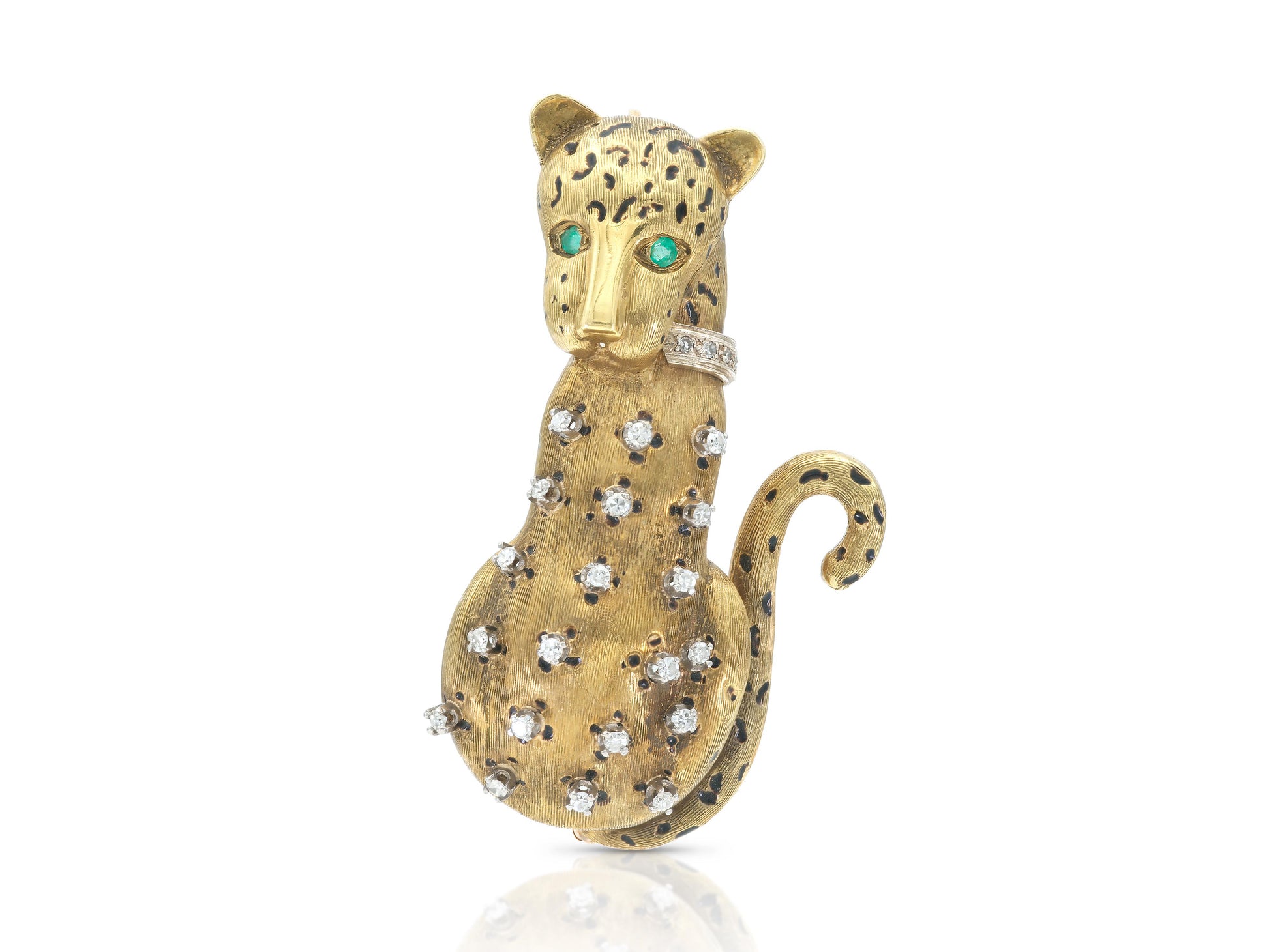 Vintage 1950s Brown Enamel Leopard with Diamonds and Emeralds