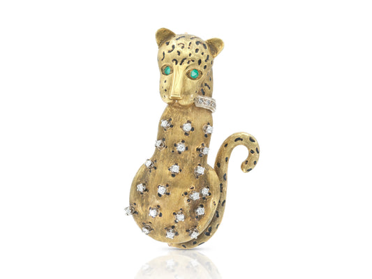 Vintage 1950s Brown Enamel Leopard with Diamonds and Emeralds