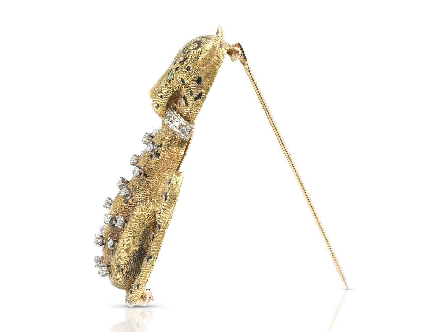 Vintage 1950s Brown Enamel Leopard with Diamonds and Emeralds