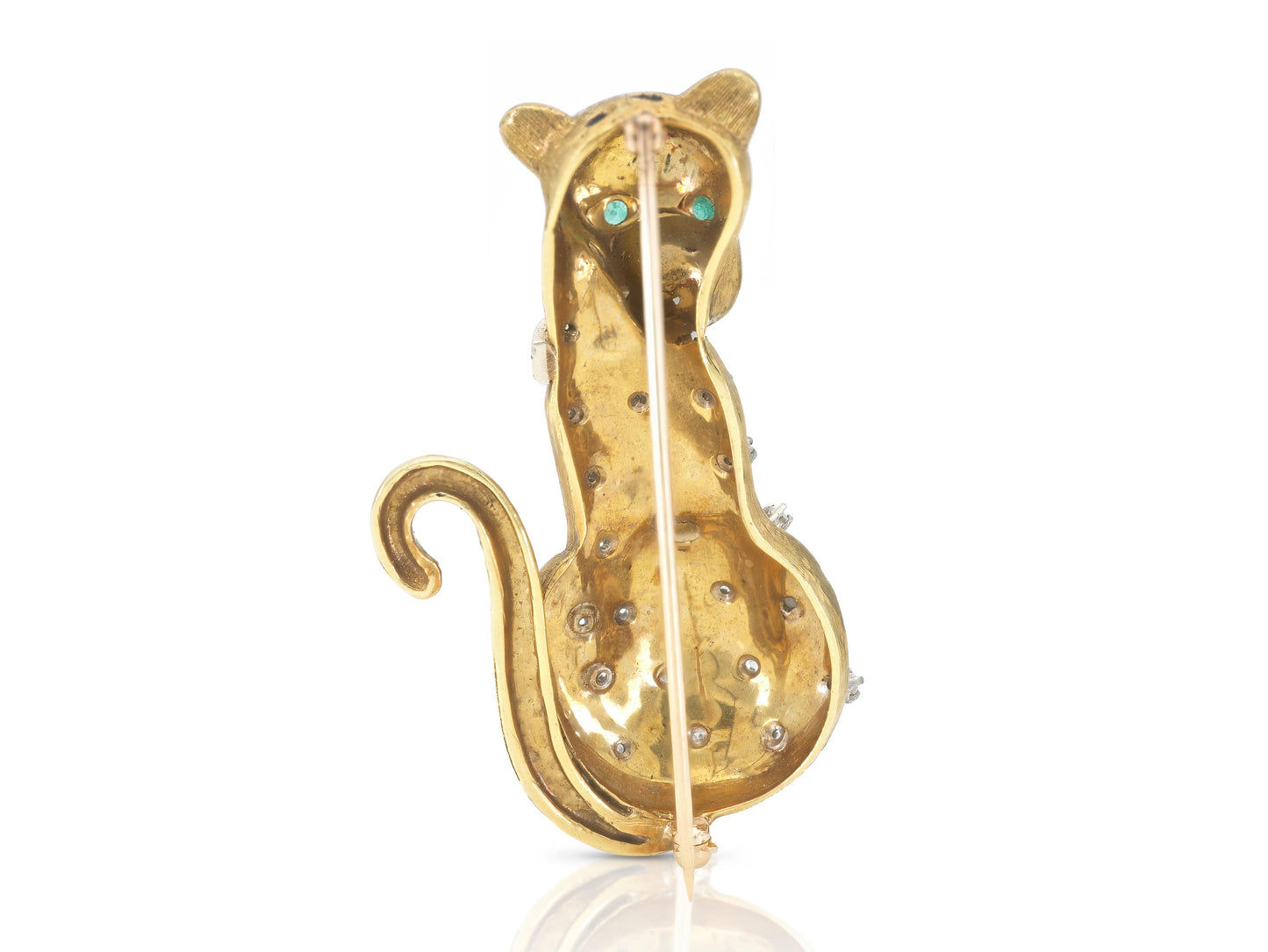 Vintage 1950s Brown Enamel Leopard with Diamonds and Emeralds