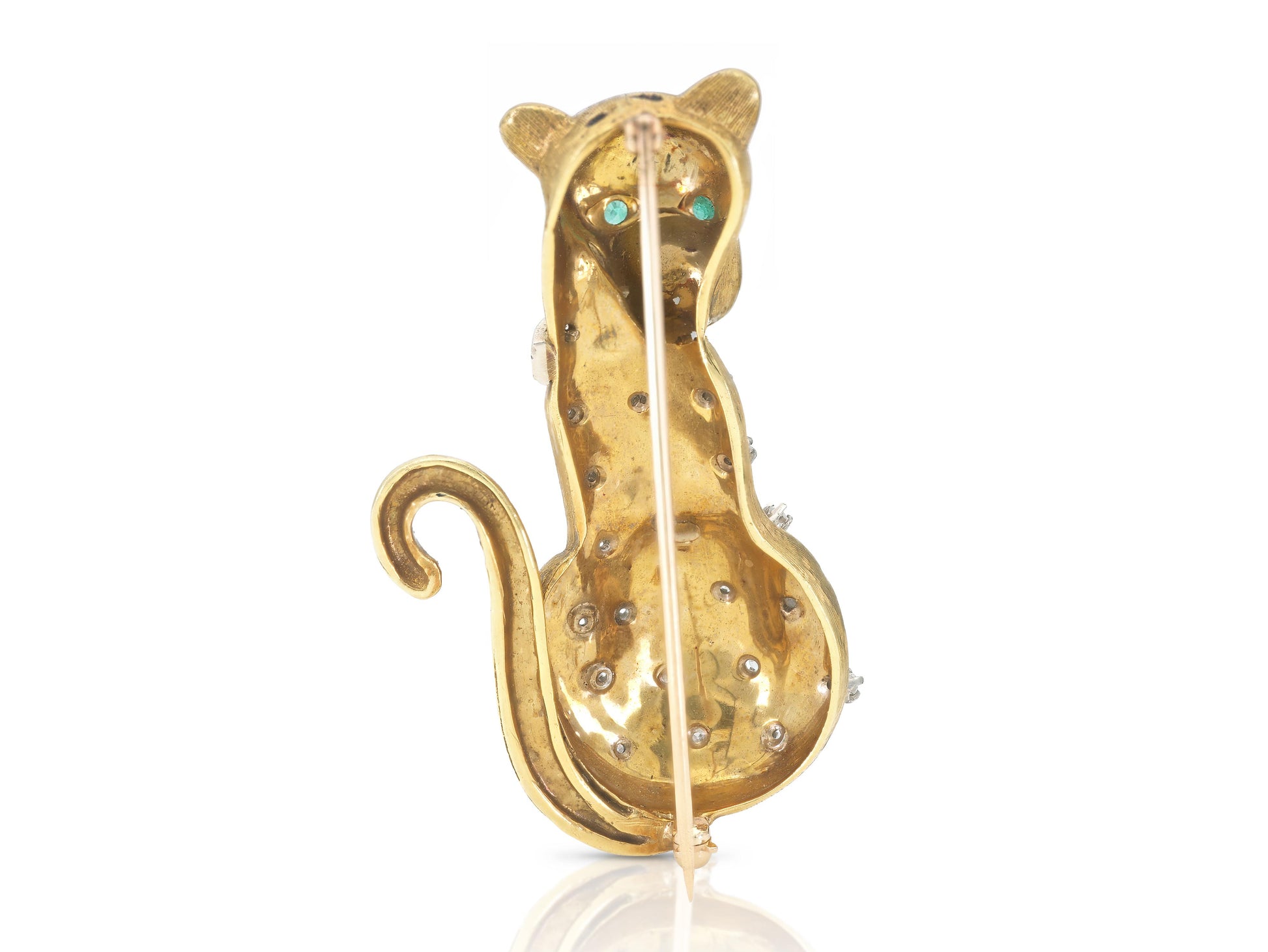 Vintage 1950s Brown Enamel Leopard with Diamonds and Emeralds