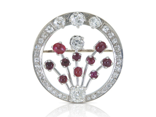 Antique Art Deco 1930s Diamond and Ruby Circle Brooch