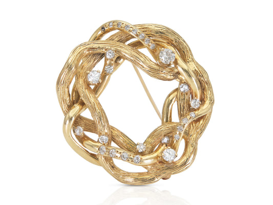 Vintage 1940s Retro Abstract Gold Brooch with Diamonds