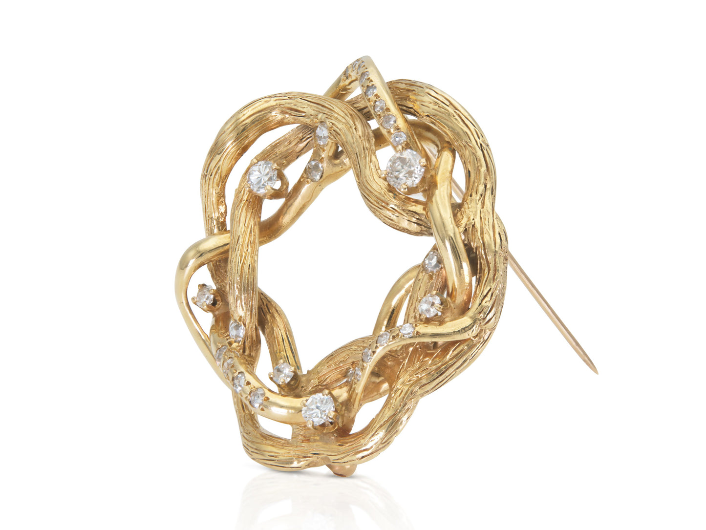 Vintage 1940s Retro Abstract Gold Brooch with Diamonds