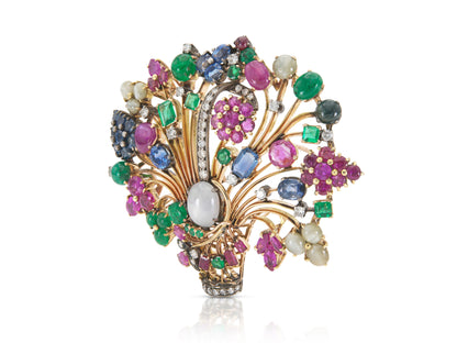 Vintage 1940s Retro Multi-Gem Flower Bouquet Brooch