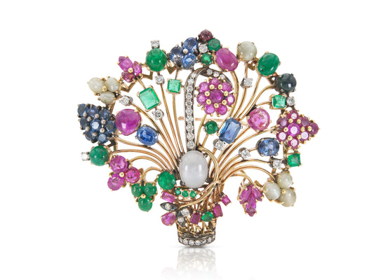 Vintage 1940s Retro Multi-Gem Flower Bouquet Brooch