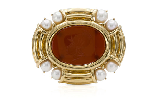 Carnelian Intaglio Yellow Gold Brooch with Pearls