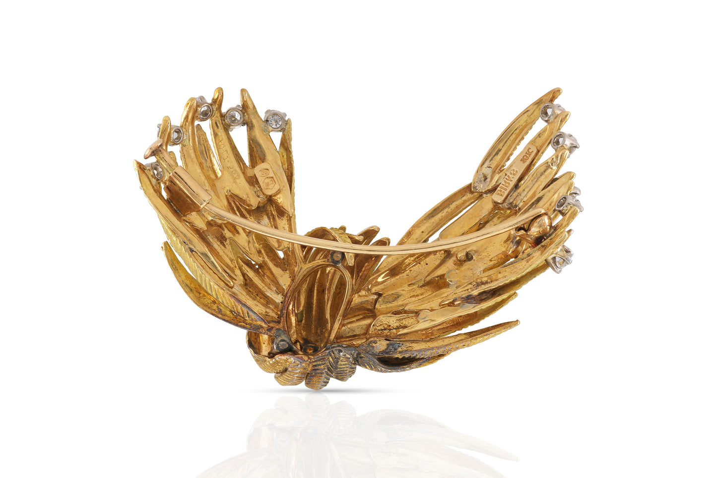 Vintage 1970s Gold Feathers Brooch with Diamonds