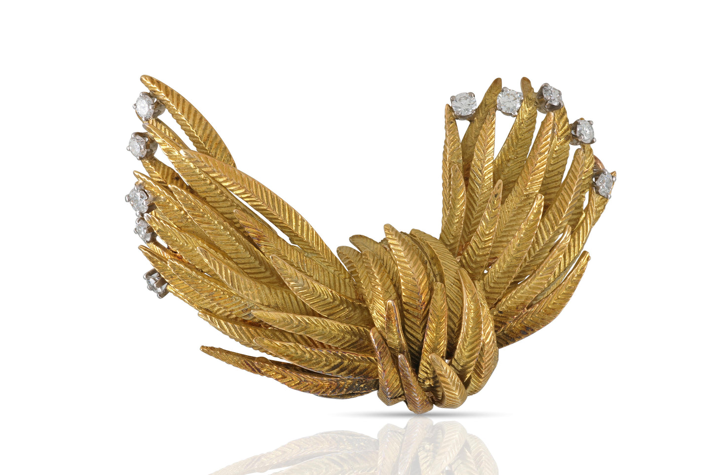 Vintage 1970s Gold Feathers Brooch with Diamonds