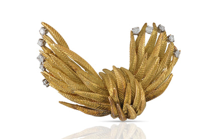 Vintage 1970s Gold Feathers Brooch with Diamonds