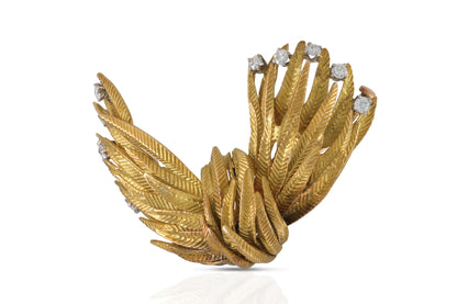 Vintage 1970s Gold Feathers Brooch with Diamonds