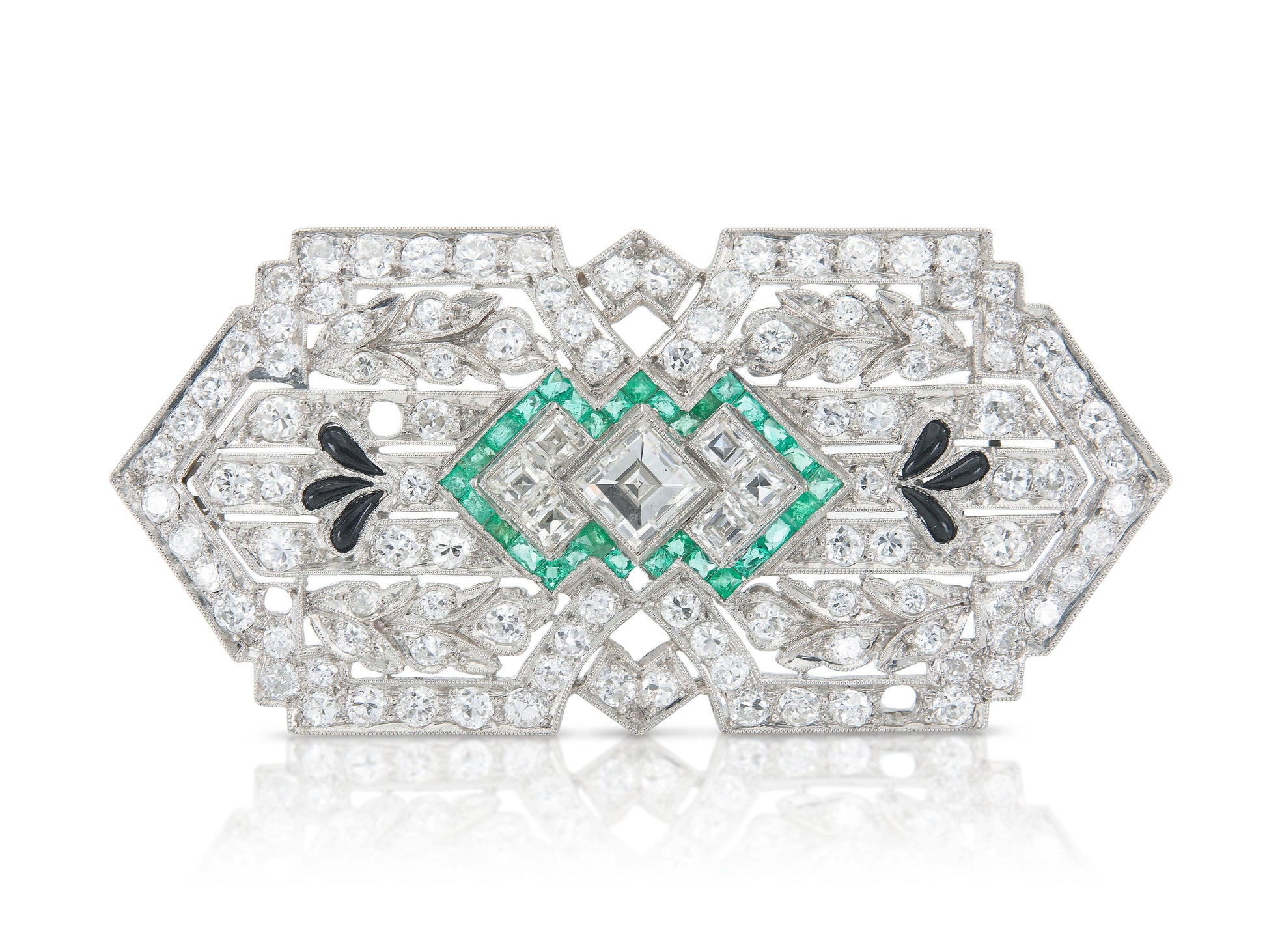 Antique Art Deco 1930s 8.00 Carat Diamond Brooch with Emeralds and Onyx