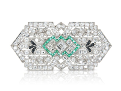 Antique Art Deco 1930s 8.00 Carat Diamond Brooch with Emeralds and Onyx