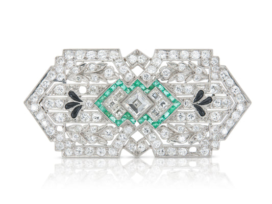 Antique Art Deco 1930s 8.00 Carat Diamond Brooch with Emeralds and Onyx