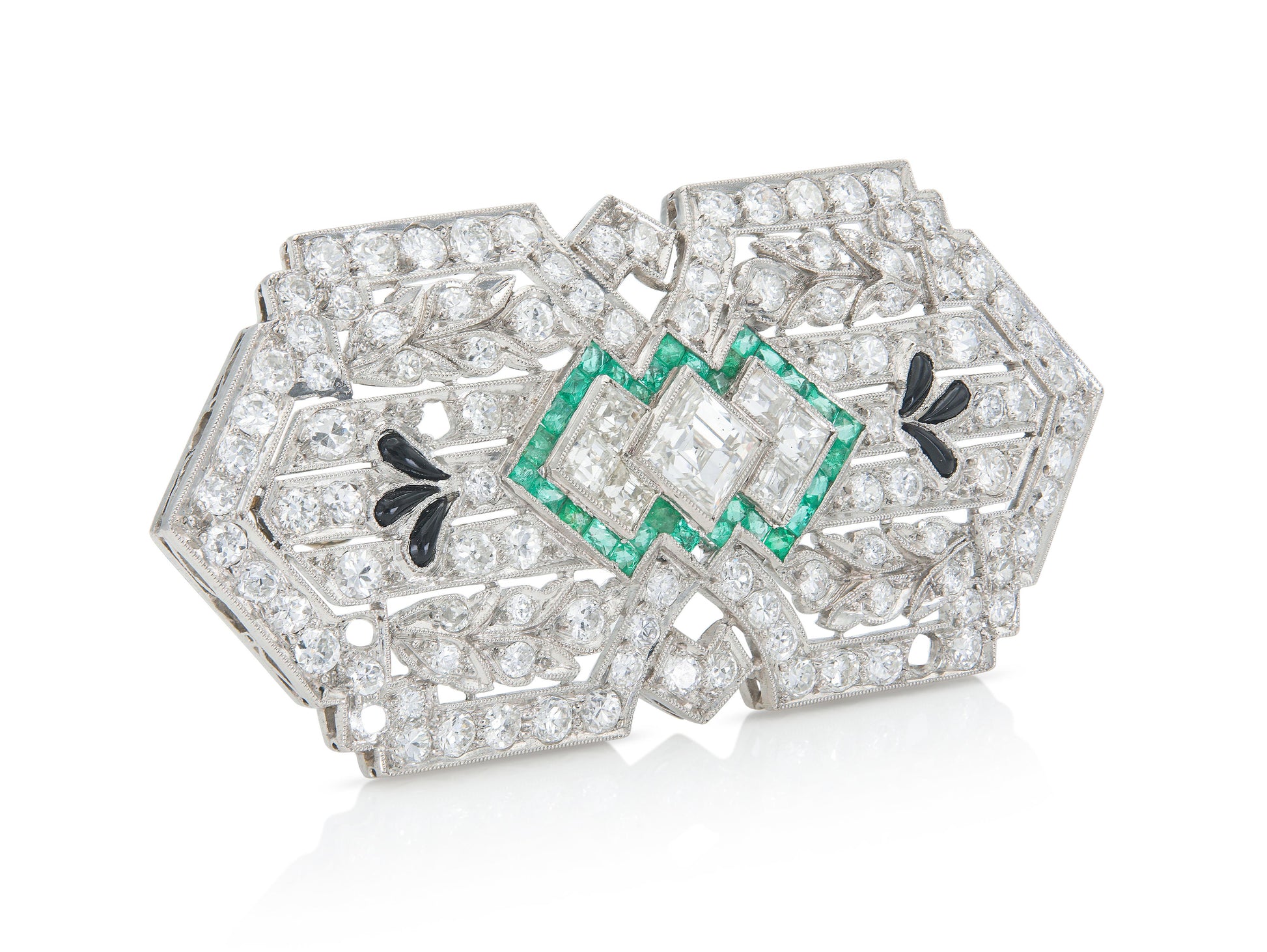 Antique Art Deco 1930s 8.00 Carat Diamond Brooch with Emeralds and Onyx
