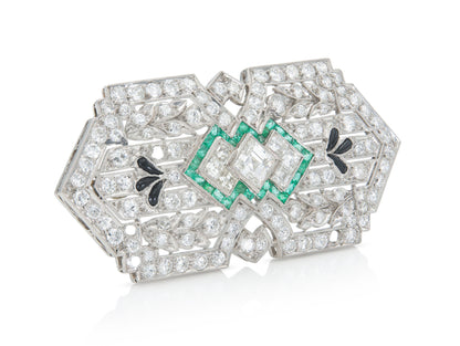 Antique Art Deco 1930s 8.00 Carat Diamond Brooch with Emeralds and Onyx