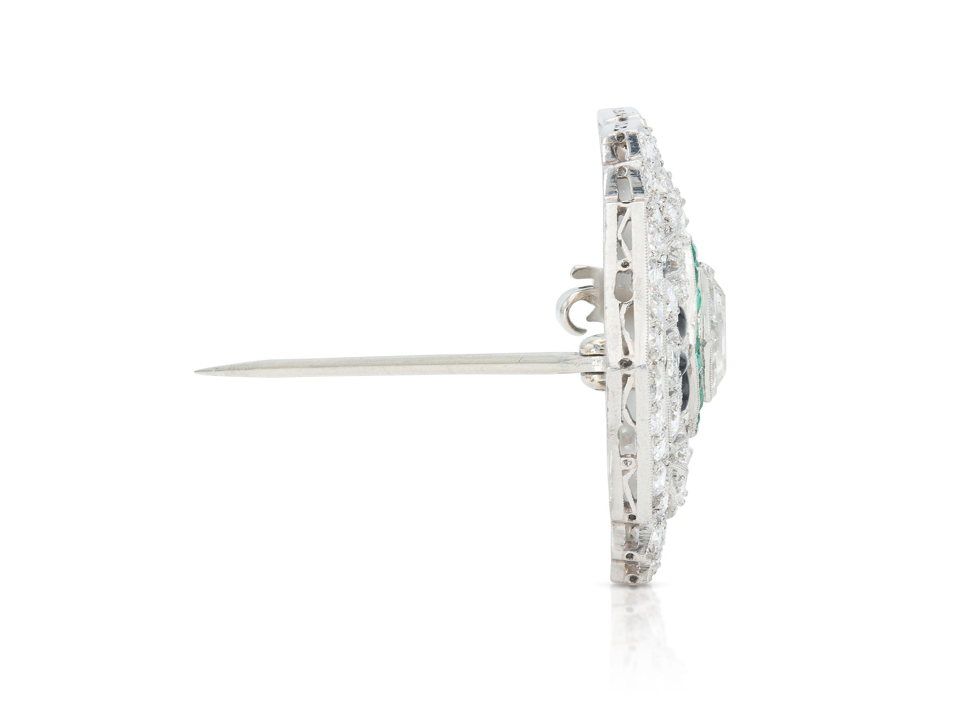 Antique Art Deco 1930s 8.00 Carat Diamond Brooch with Emeralds and Onyx