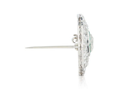 Antique Art Deco 1930s 8.00 Carat Diamond Brooch with Emeralds and Onyx