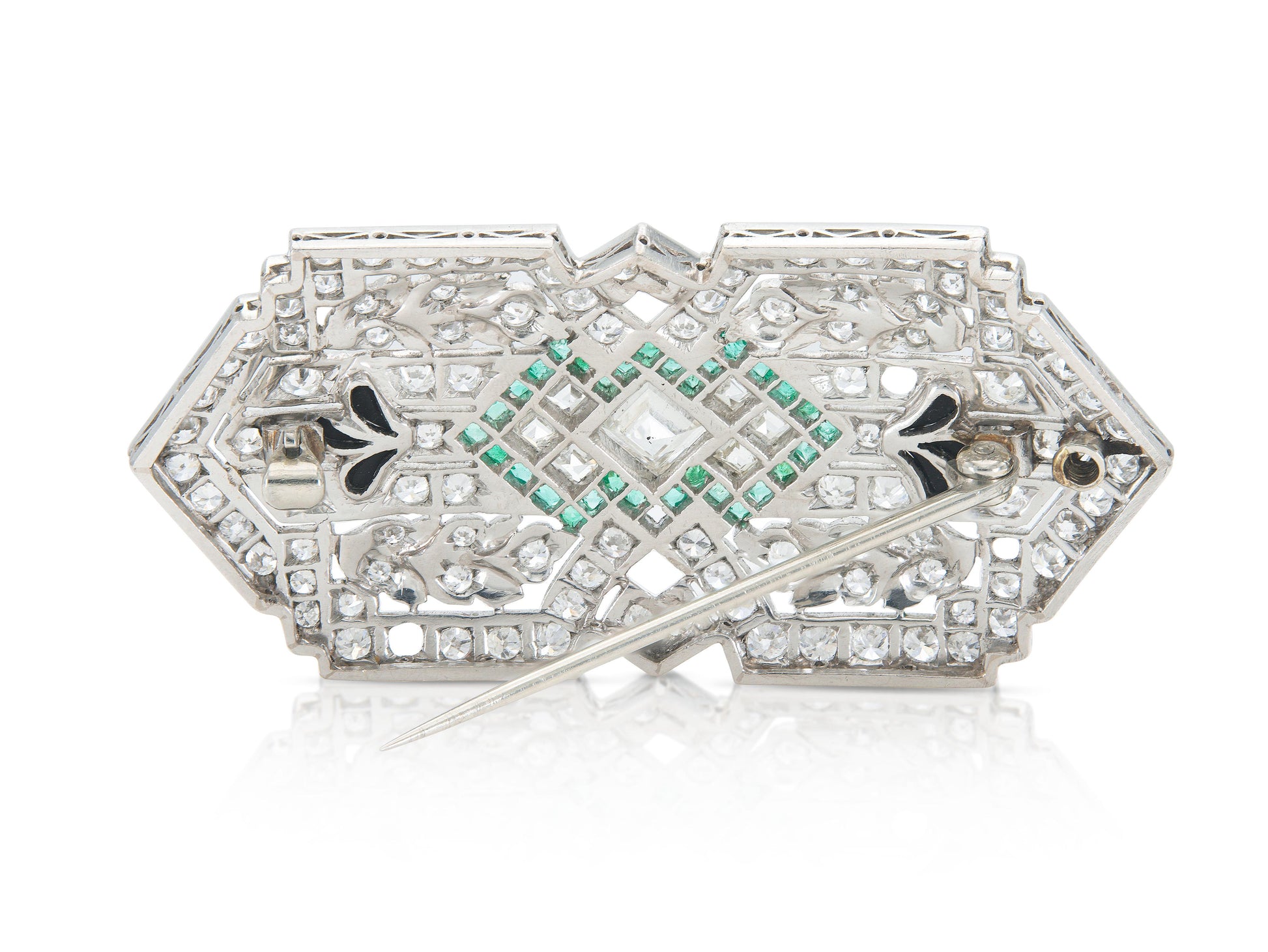Antique Art Deco 1930s 8.00 Carat Diamond Brooch with Emeralds and Onyx