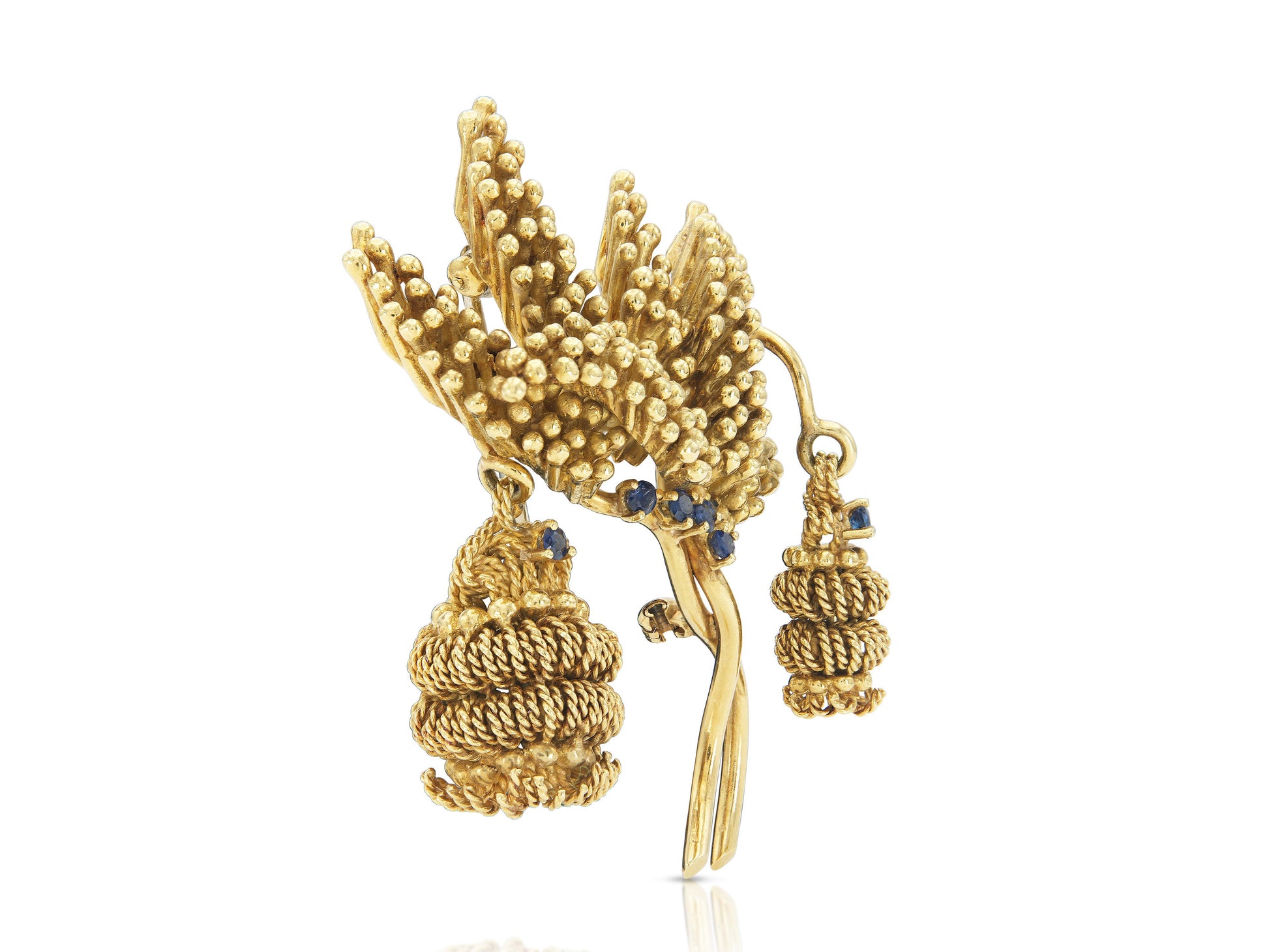 Vintage 1960s Tiffany & Co. Gold Leaf and Cacoons Brooch with Sapphires