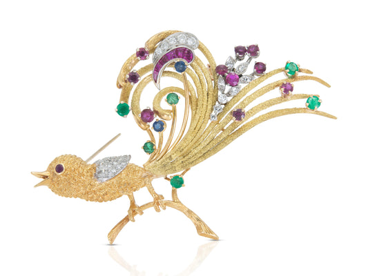Vintage 1940s Retro Multi-Gem Bird Brooch