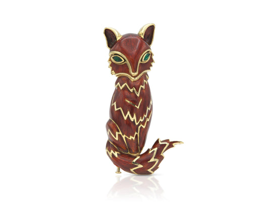 Vintage 1970s David Webb Enamel Red Fox Brooch