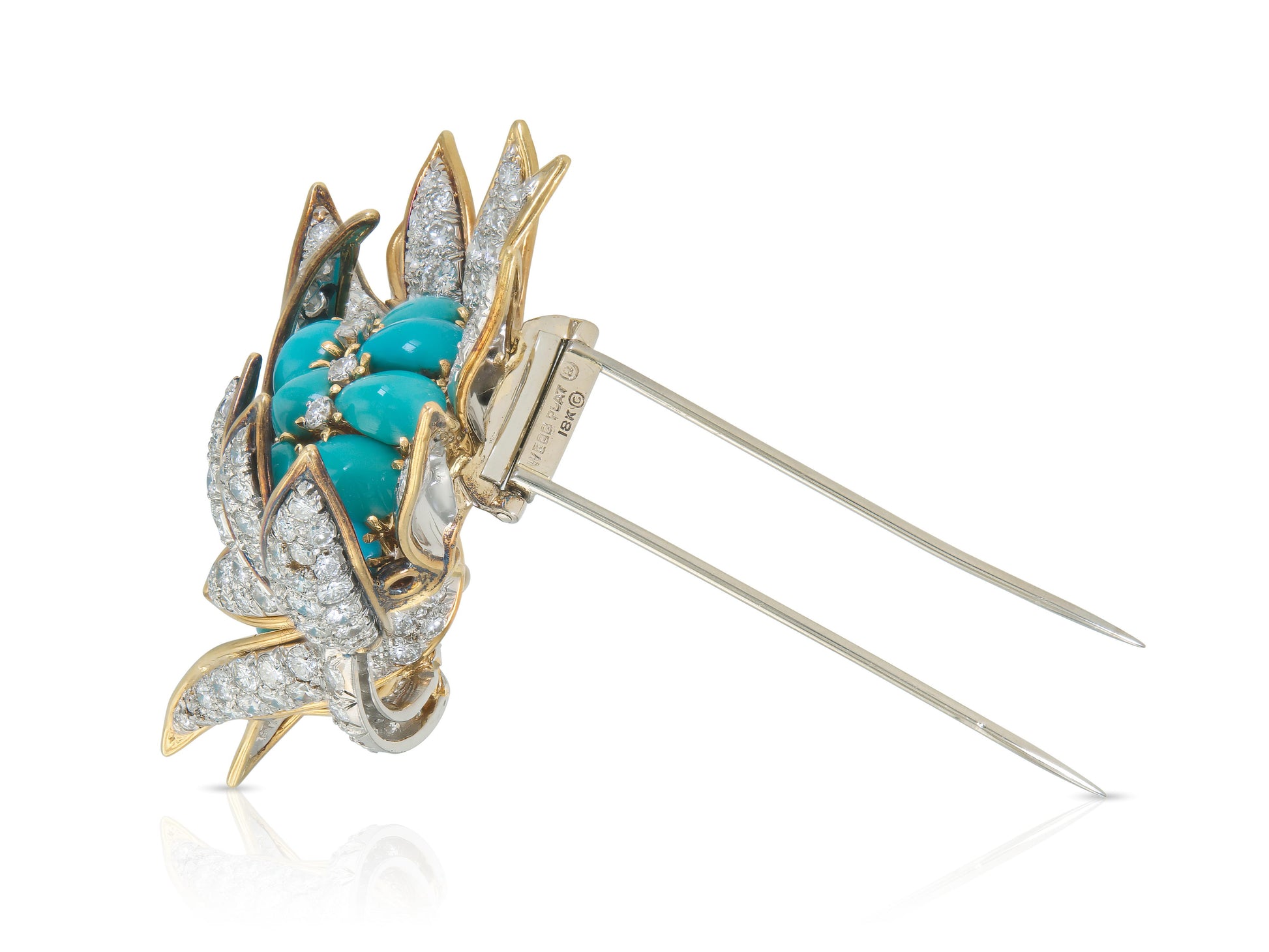 Vintage 1950s David Webb Turquoise and Diamond Flowers Brooch