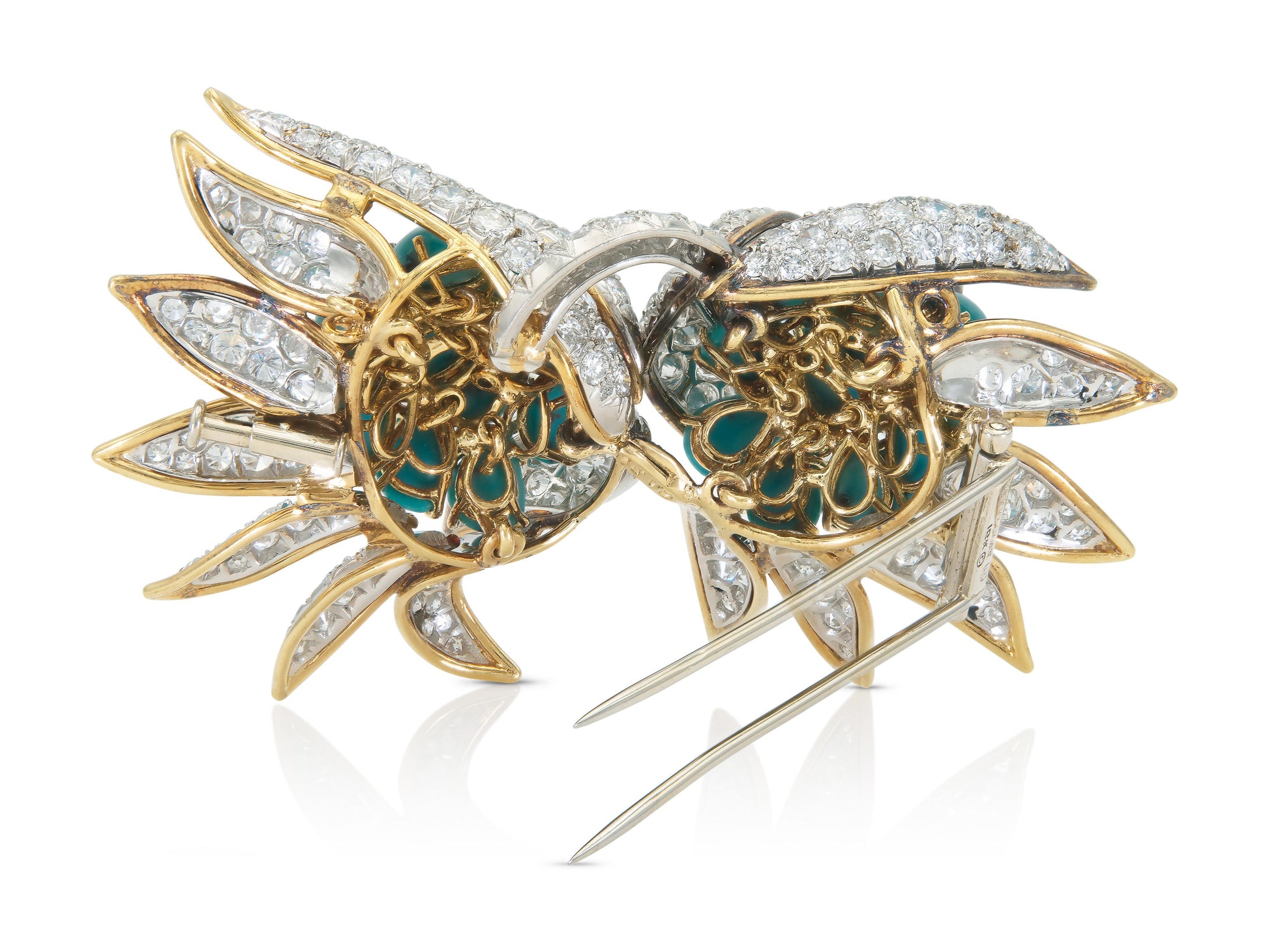 Vintage 1950s David Webb Turquoise and Diamond Flowers Brooch