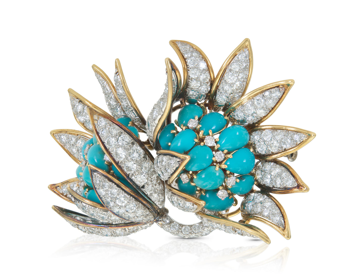 Vintage 1950s David Webb Turquoise and Diamond Flowers Brooch