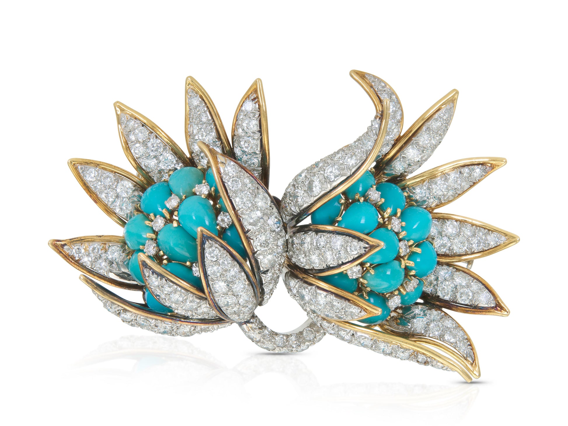 Vintage 1950s David Webb Turquoise and Diamond Flowers Brooch