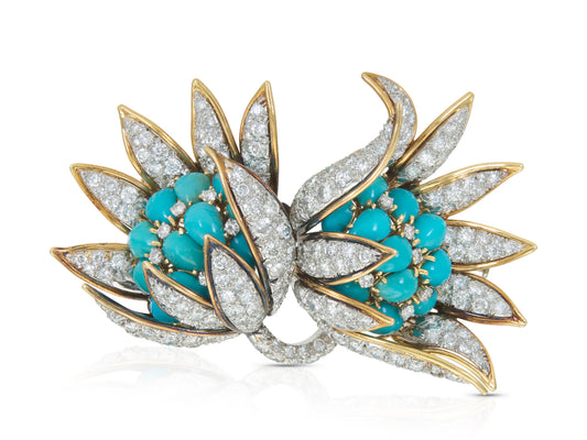 Vintage 1950s David Webb Turquoise and Diamond Flowers Brooch