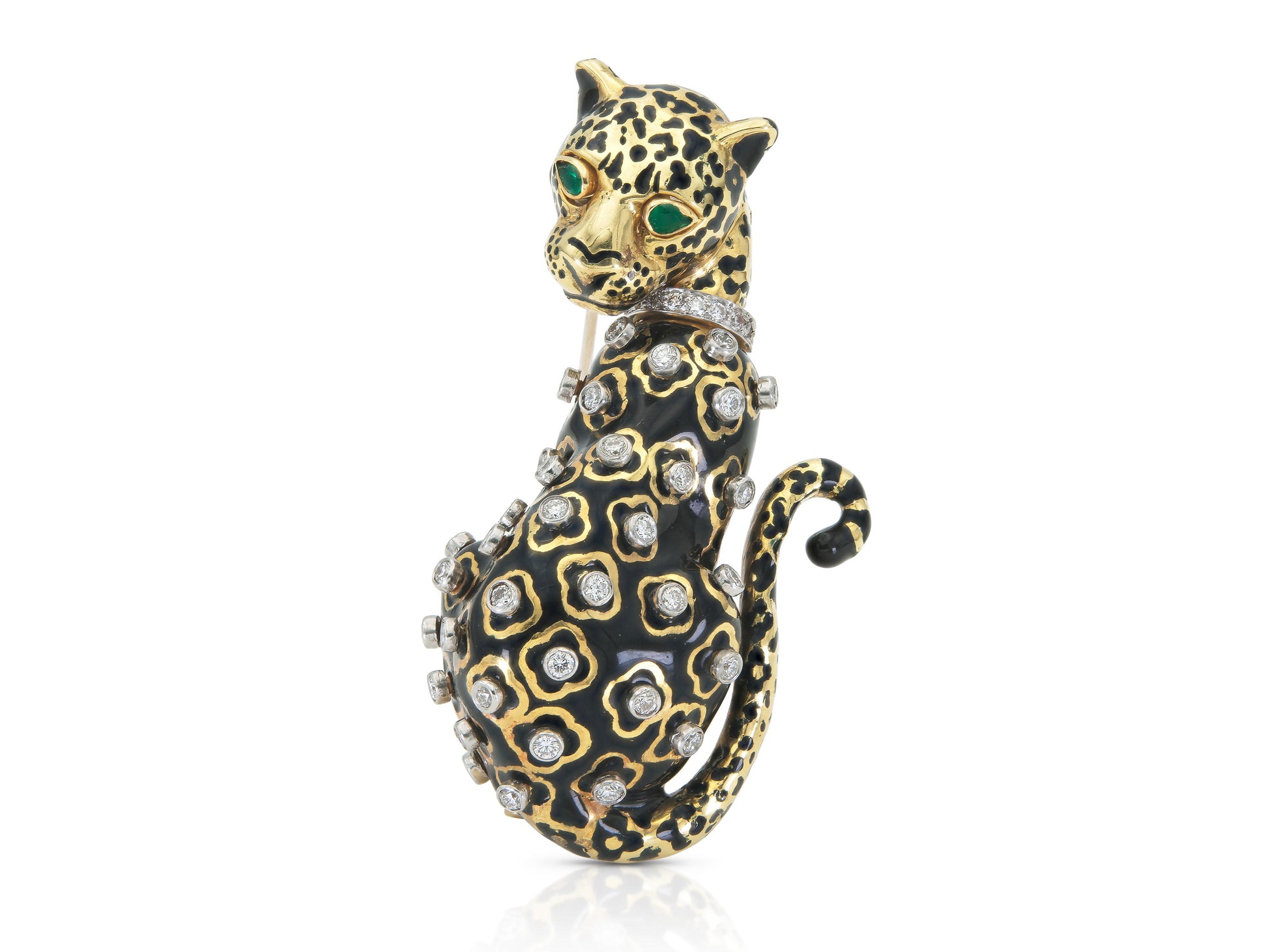 David Webb Black Enamel Leopard Brooch with Diamonds and Emeralds