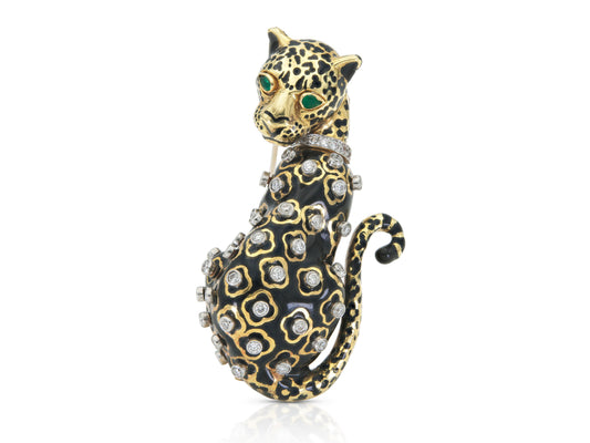 David Webb Black Enamel Leopard Brooch with Diamonds and Emeralds
