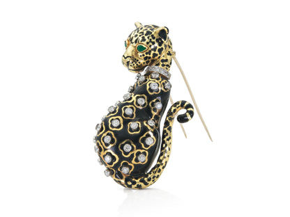 David Webb Black Enamel Leopard Brooch with Diamonds and Emeralds