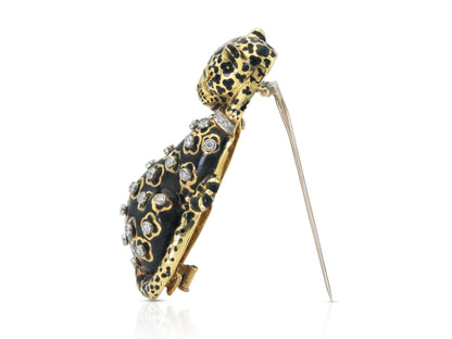 David Webb Black Enamel Leopard Brooch with Diamonds and Emeralds
