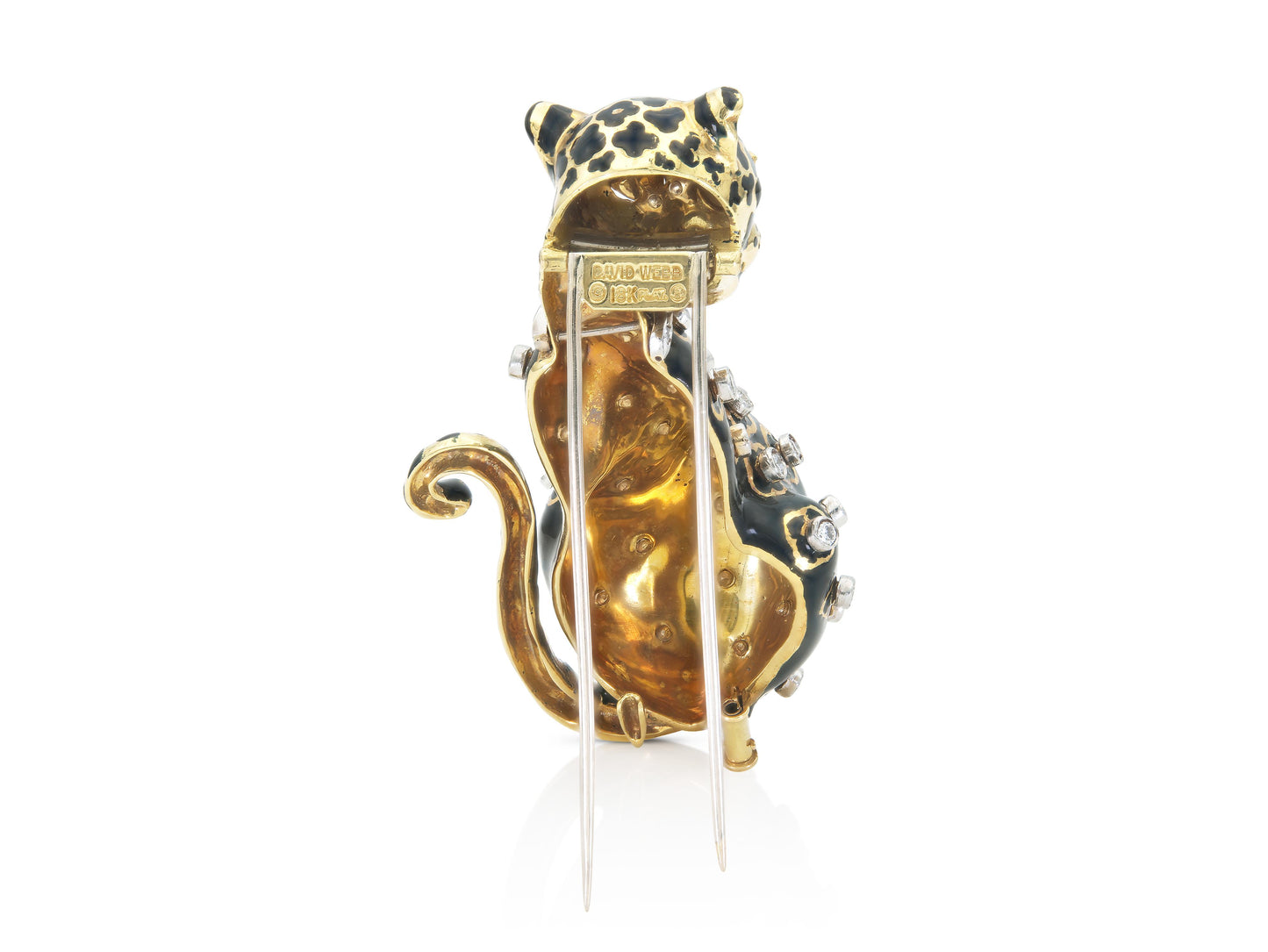David Webb Black Enamel Leopard Brooch with Diamonds and Emeralds
