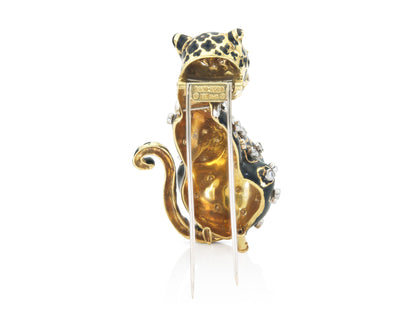 David Webb Black Enamel Leopard Brooch with Diamonds and Emeralds