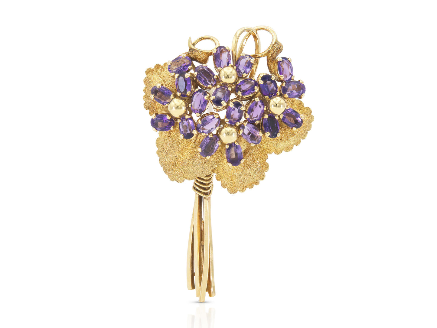 Vintage 1960s 5.50 Carat Amethyst Flowers and Gold Leaves Brooch