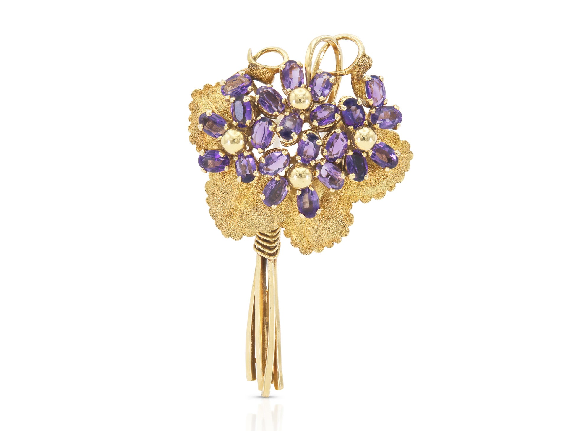 Vintage 1960s 5.50 Carat Amethyst Flowers and Gold Leaves Brooch