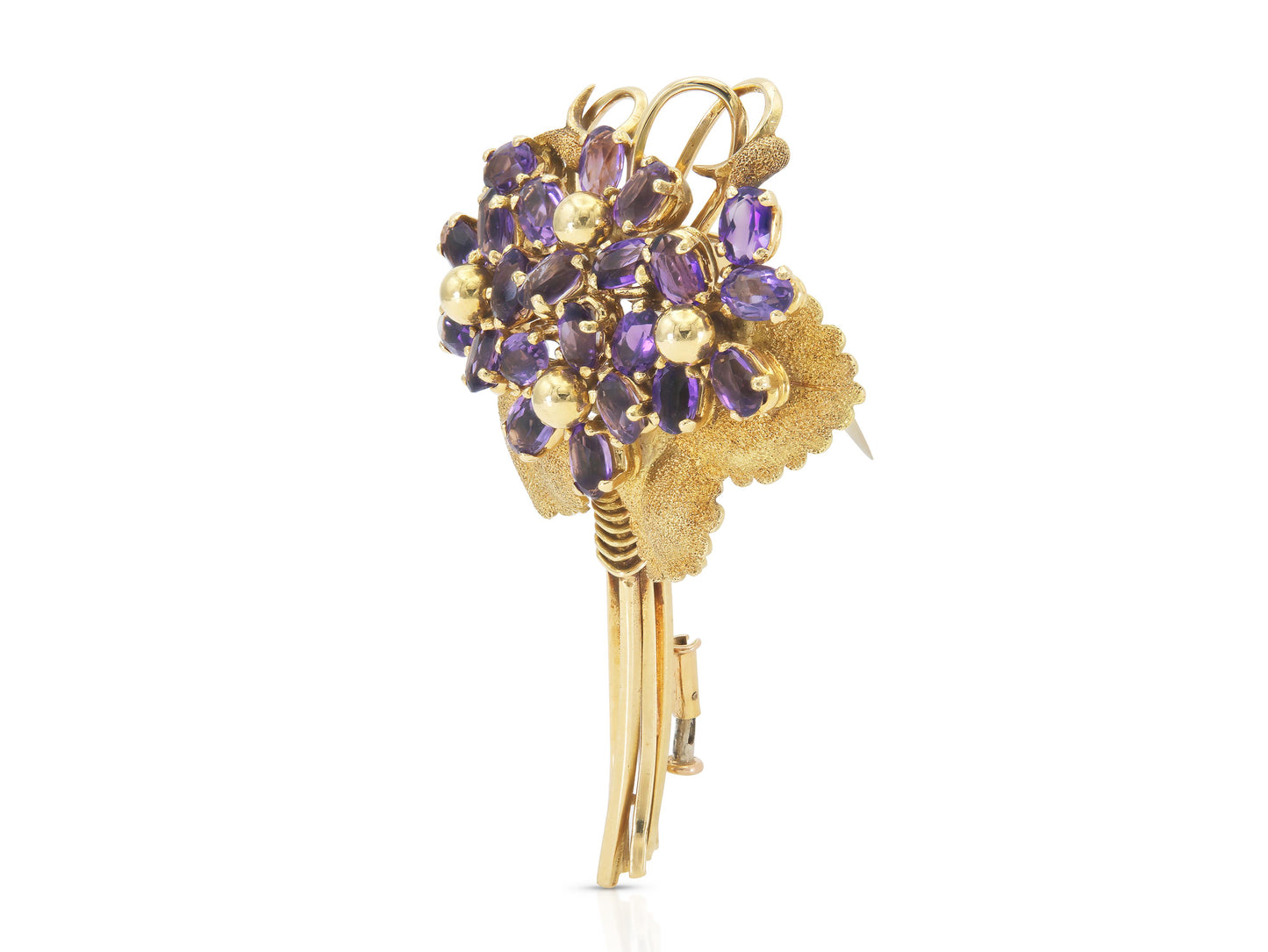 Vintage 1960s 5.50 Carat Amethyst Flowers and Gold Leaves Brooch