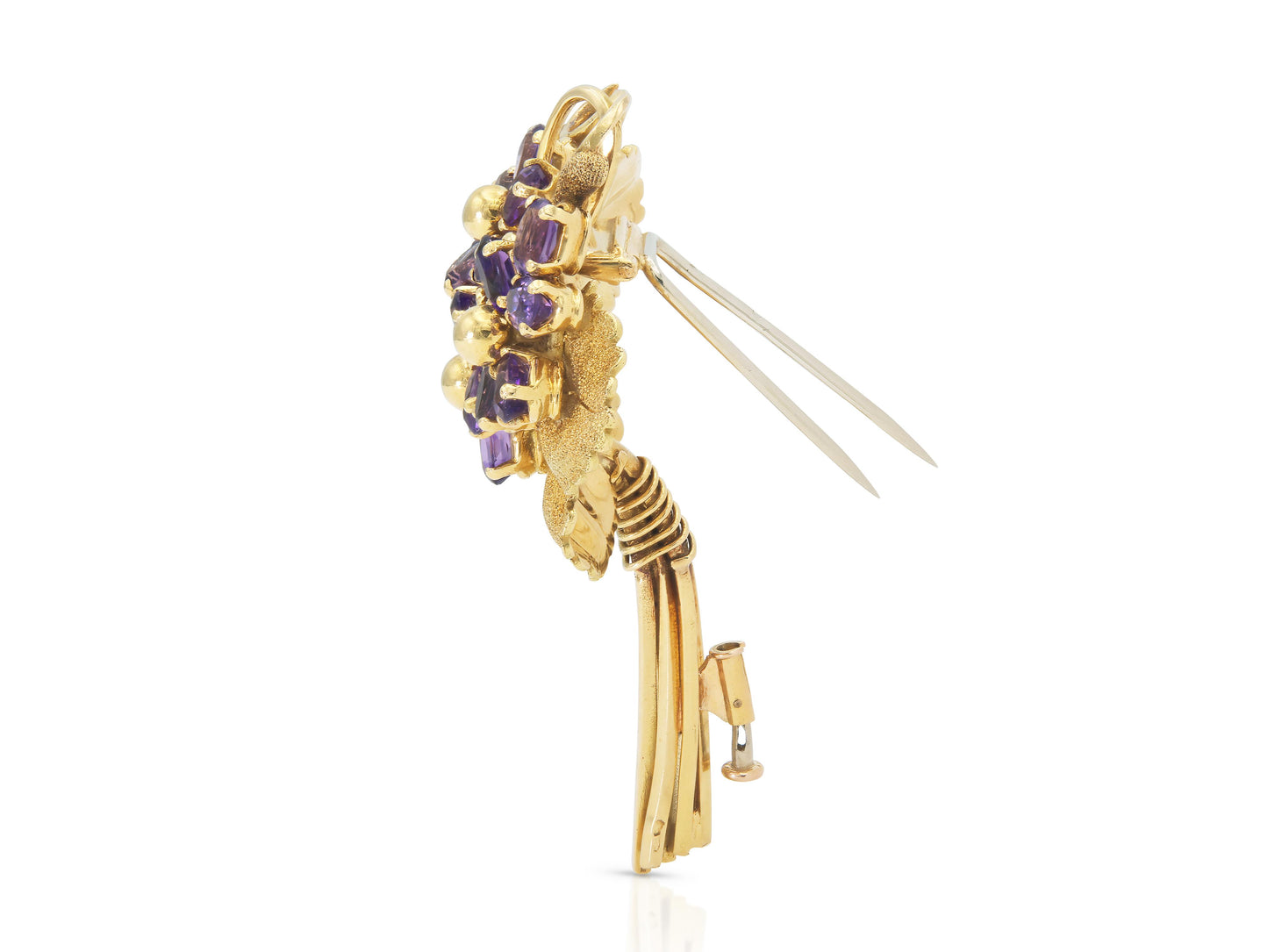 Vintage 1960s 5.50 Carat Amethyst Flowers and Gold Leaves Brooch