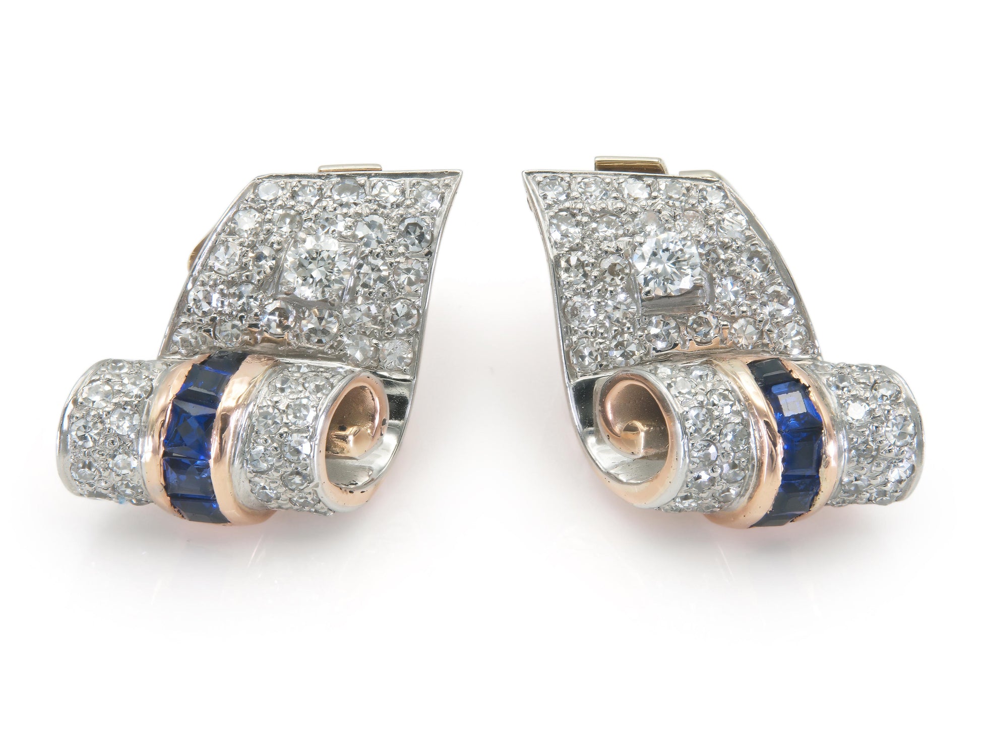 Vintage 1940s Retro 3.90 Carat Diamond Hair Clip Set with Sapphires