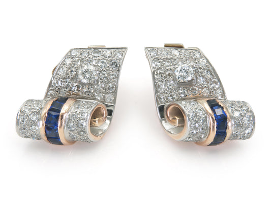 Vintage 1940s Retro 3.90 Carat Diamond Hair Clip Set with Sapphires