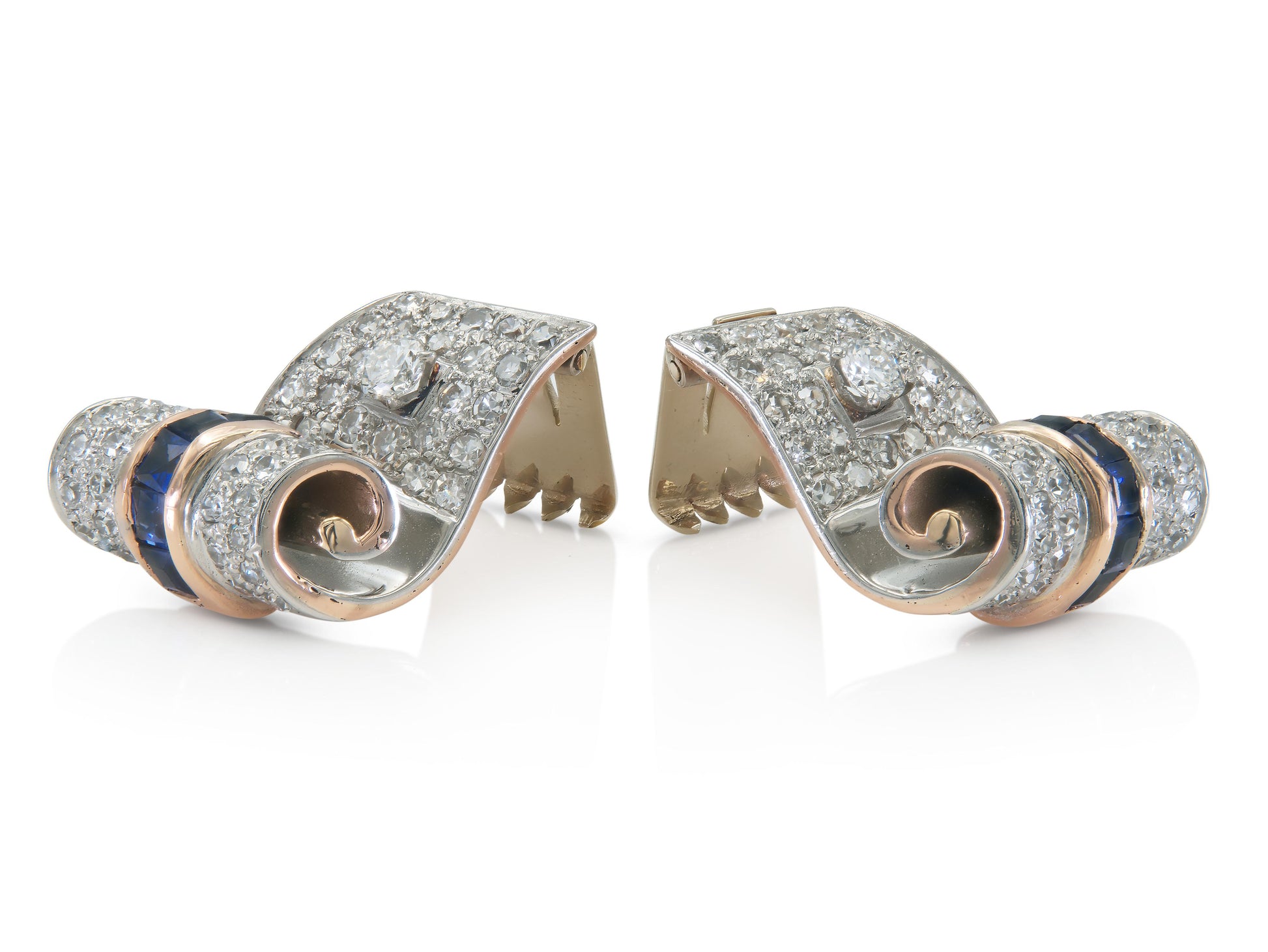 Vintage 1940s Retro 3.90 Carat Diamond Hair Clip Set with Sapphires