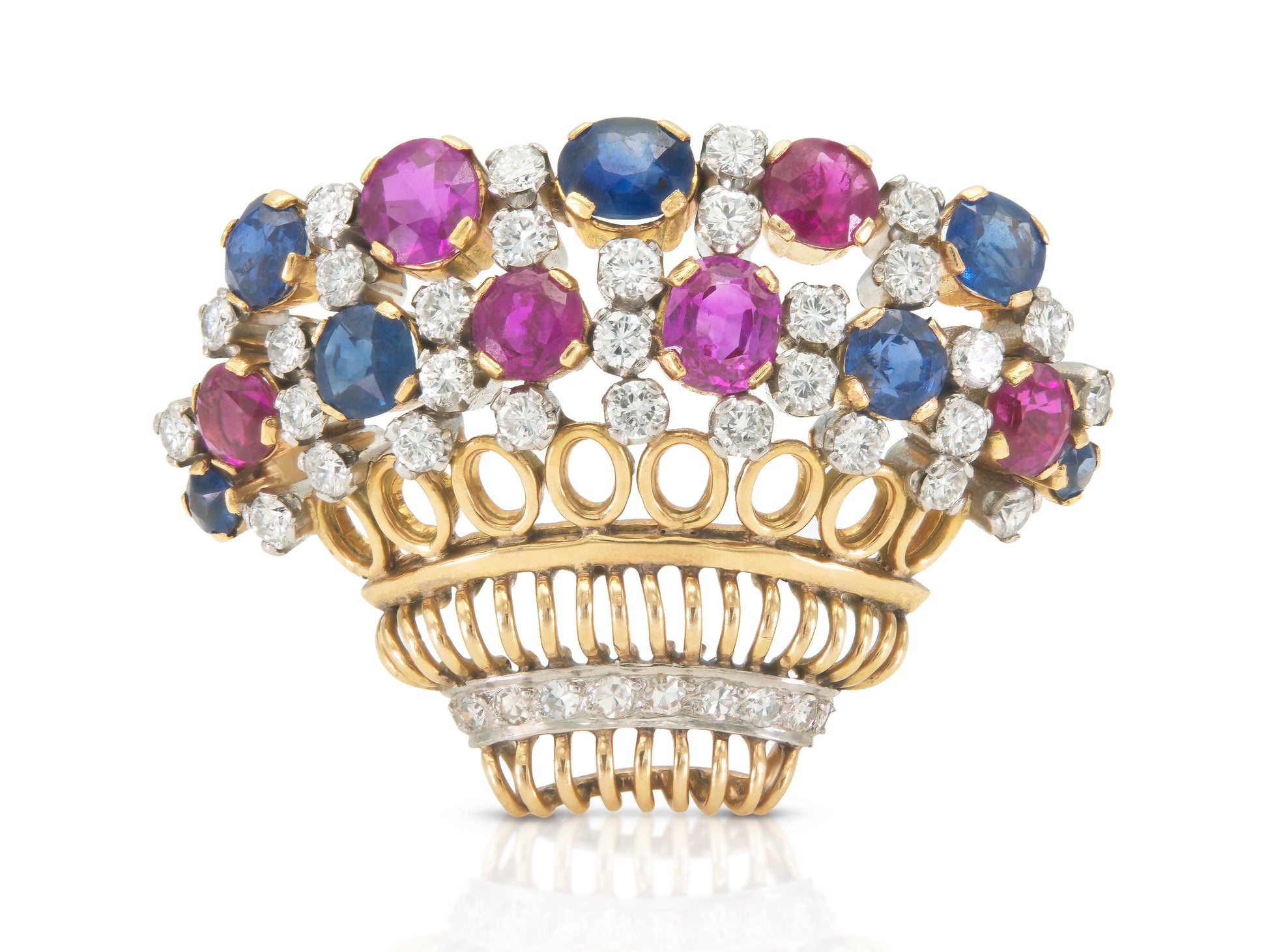 Vintage 1940s Retro Ruby, Sapphire & Diamond Flower Basket Brooch