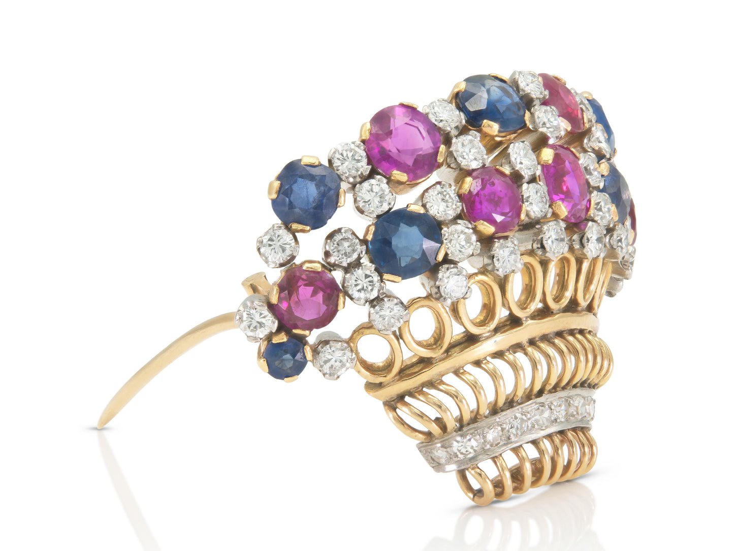 Vintage 1940s Retro Ruby, Sapphire & Diamond Flower Basket Brooch