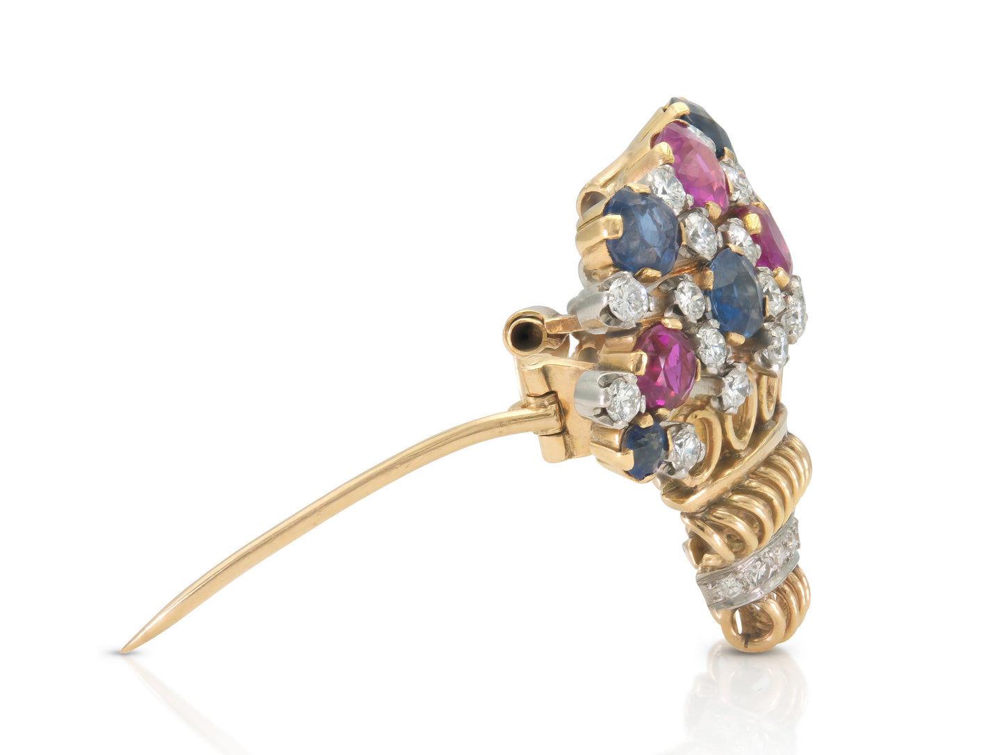 Vintage 1940s Retro Ruby, Sapphire & Diamond Flower Basket Brooch