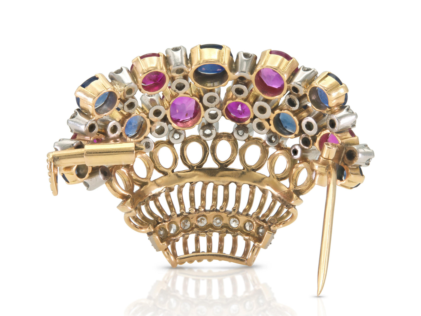 Vintage 1940s Retro Ruby, Sapphire & Diamond Flower Basket Brooch