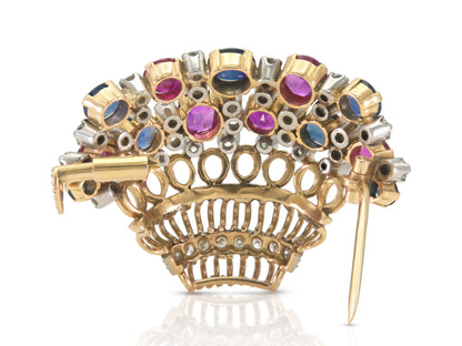 Vintage 1940s Retro Ruby, Sapphire & Diamond Flower Basket Brooch