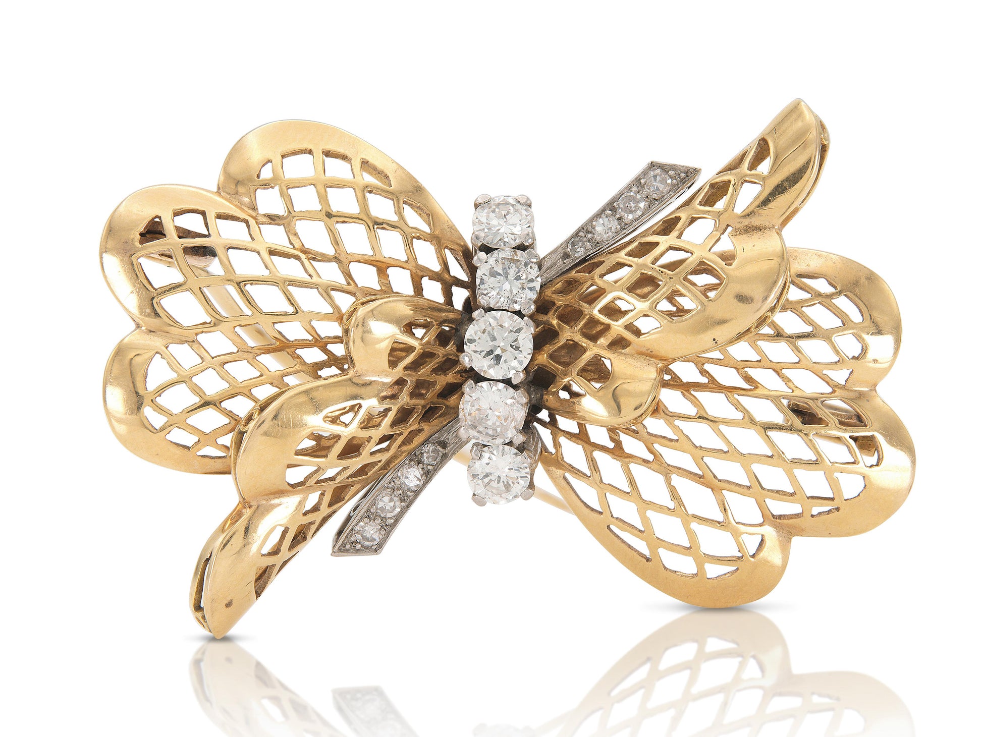 Vintage 1940s Retro Gold and 2.00 Carat Diamond Bow Brooch